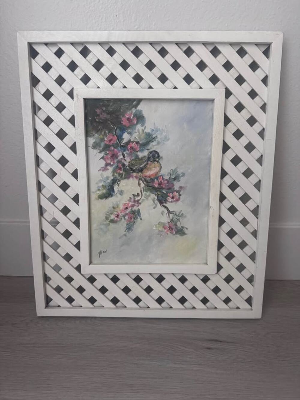 Vintage 1970s White Lattice Framed Art Bird & Floral Hand Painted Artwork Canvas